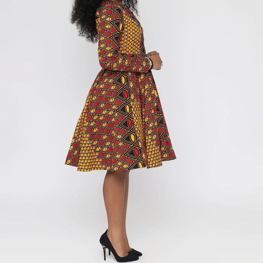 Geometric Print Long Sleeve Fit And Flare Midi Dress