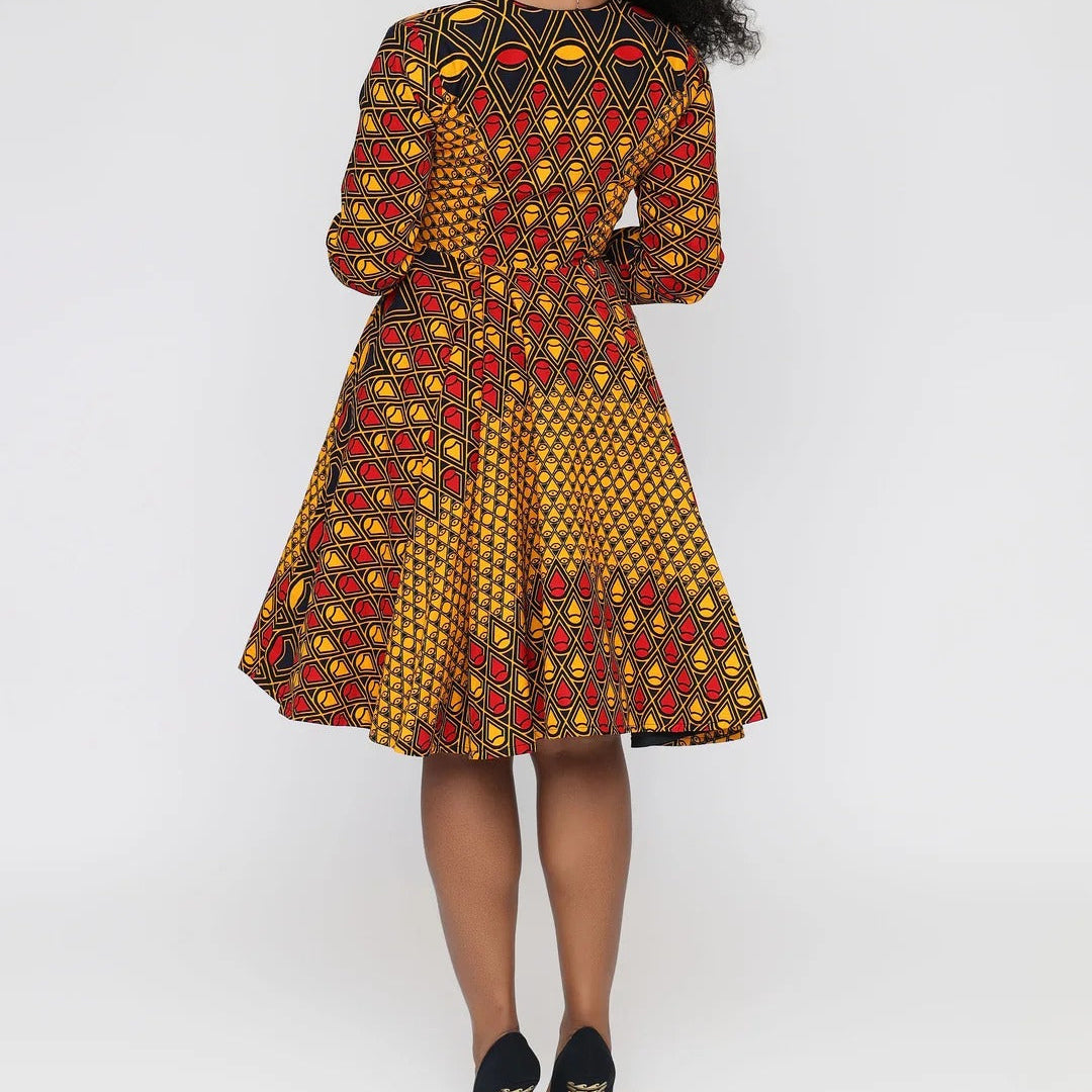 Geometric Print Long Sleeve Fit And Flare Midi Dress