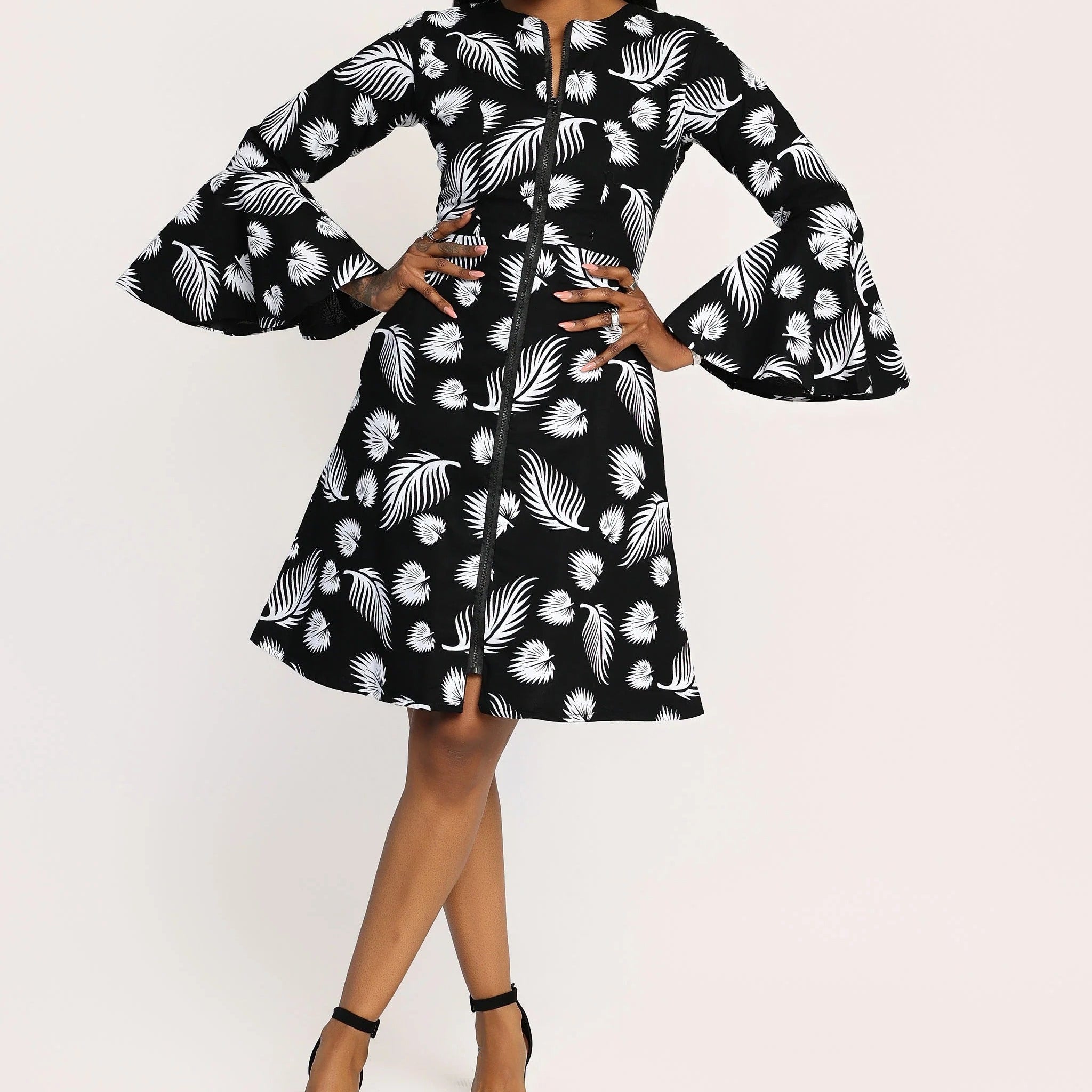 Print Bell Sleeve Front Zipper Fit And Flare Jacket Dress
