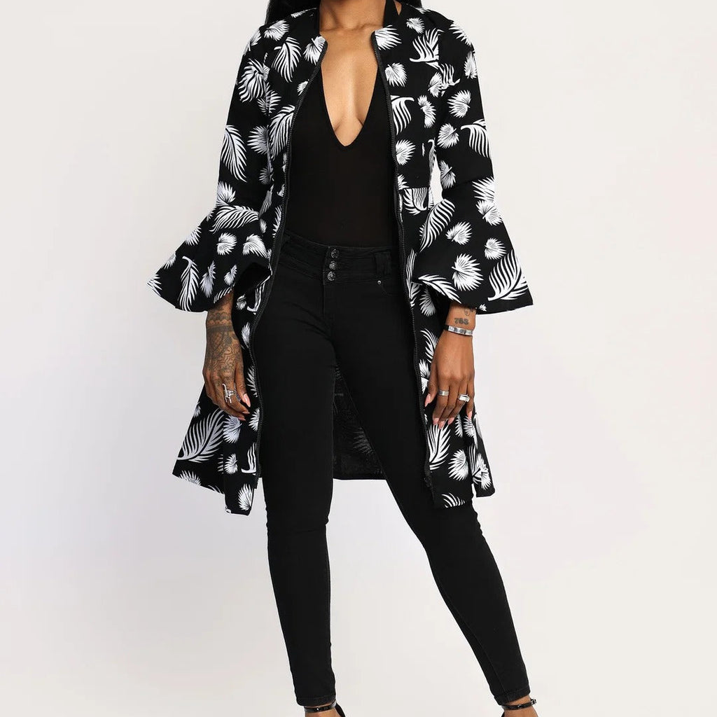 Print Bell Sleeve Front Zipper Fit And Flare Jacket Dress