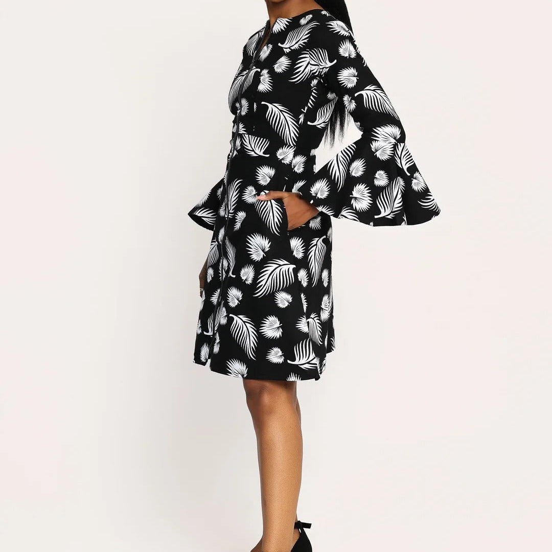Print Bell Sleeve Front Zipper Fit And Flare Jacket Dress
