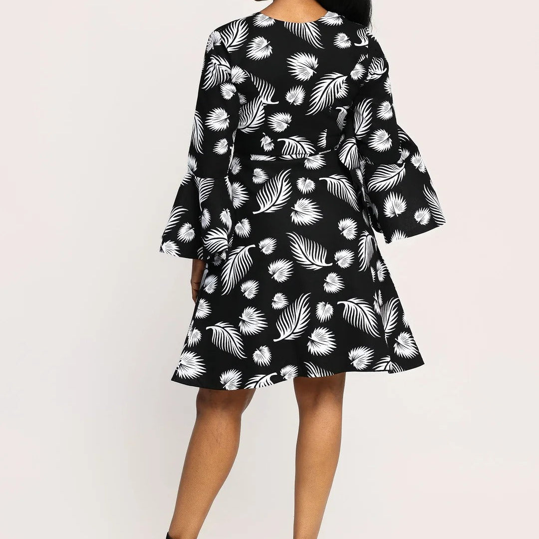 Print Bell Sleeve Front Zipper Fit And Flare Jacket Dress