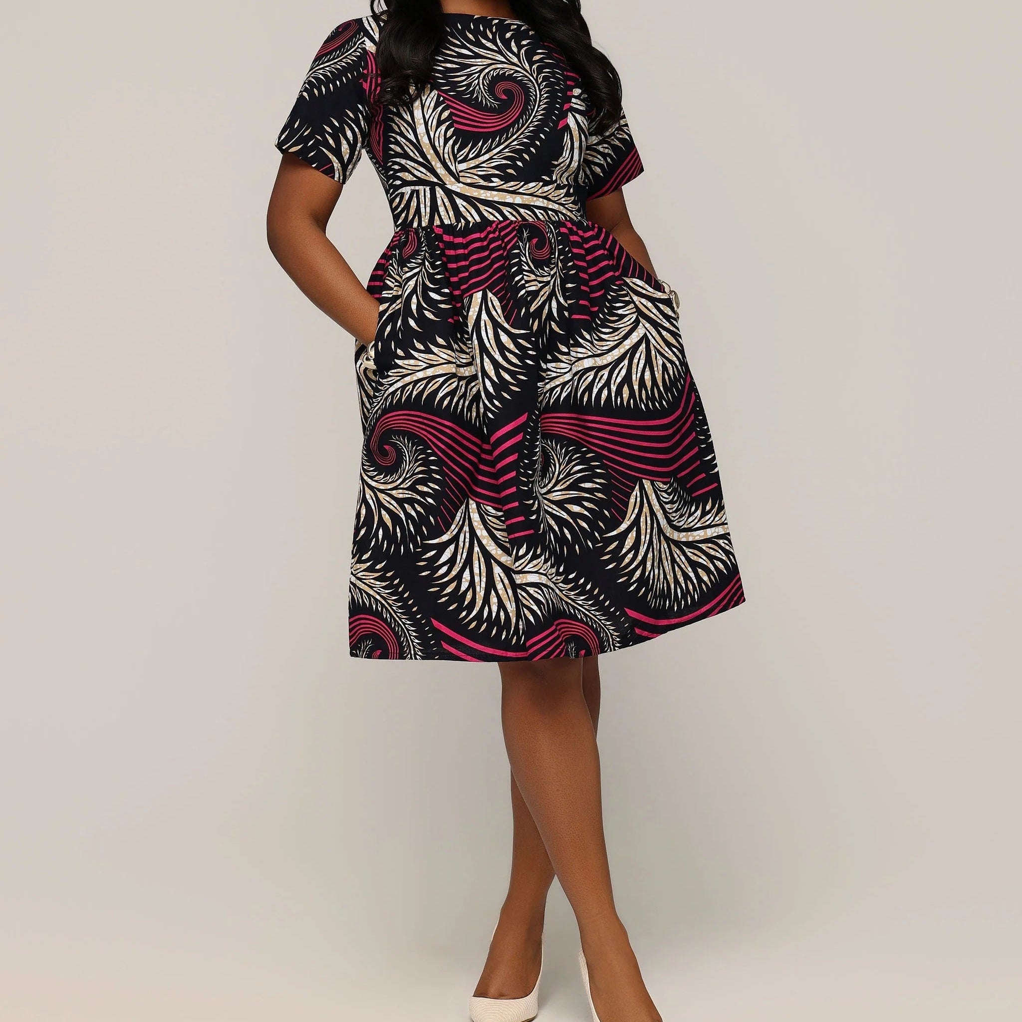 Swirl-Print Belted Midi Dress